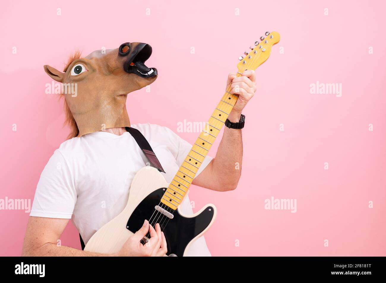 Man with horse mask playing electric guitar Stock Photo Alamy