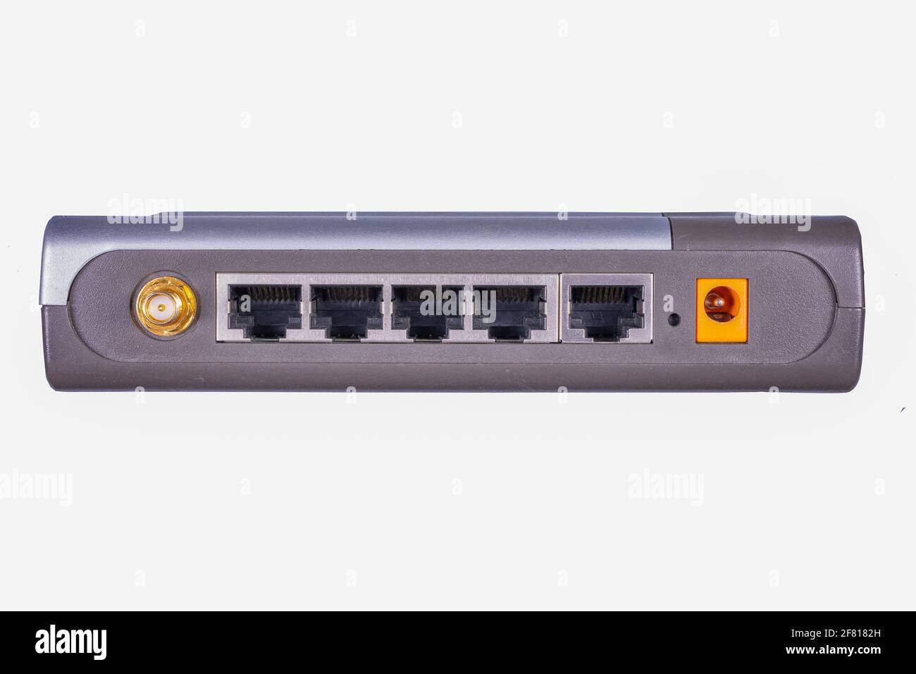 Old network router connectors. Connection point for a computer device. Isolated background. Stock Photo