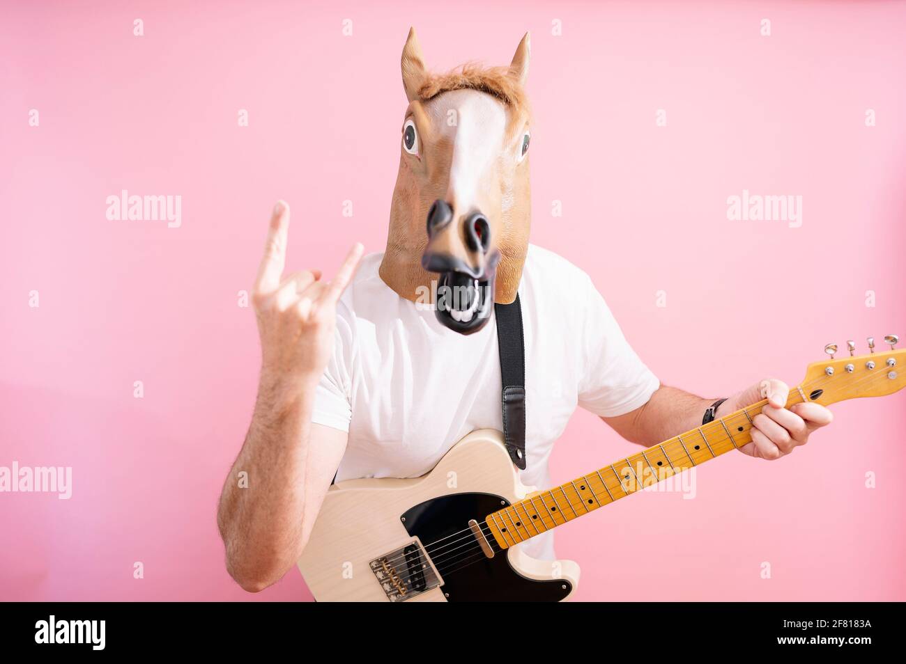 Man with horse mask playing electric guitar Stock Photo Alamy