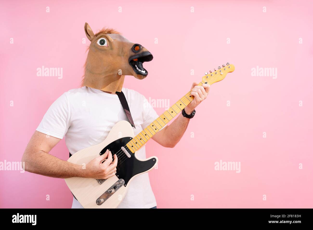 Man with horse mask playing electric guitar Stock Photo Alamy