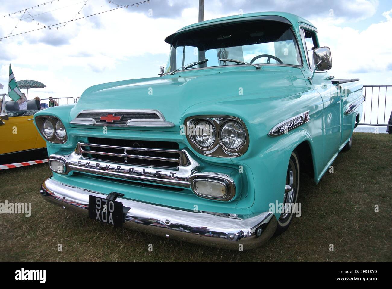 A 1959 Chevrolet GMC Apache pickup truck parked up on display at the English Riviera classic car show, Paignton, Devon, England. UK. Stock Photo