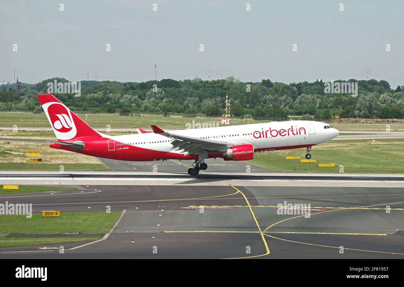 Düsseldorf, Germany - July 01, 2015: Airbus A330-200 of Air Berlin at the airport of Düsseldorf while touch-down Stock Photo