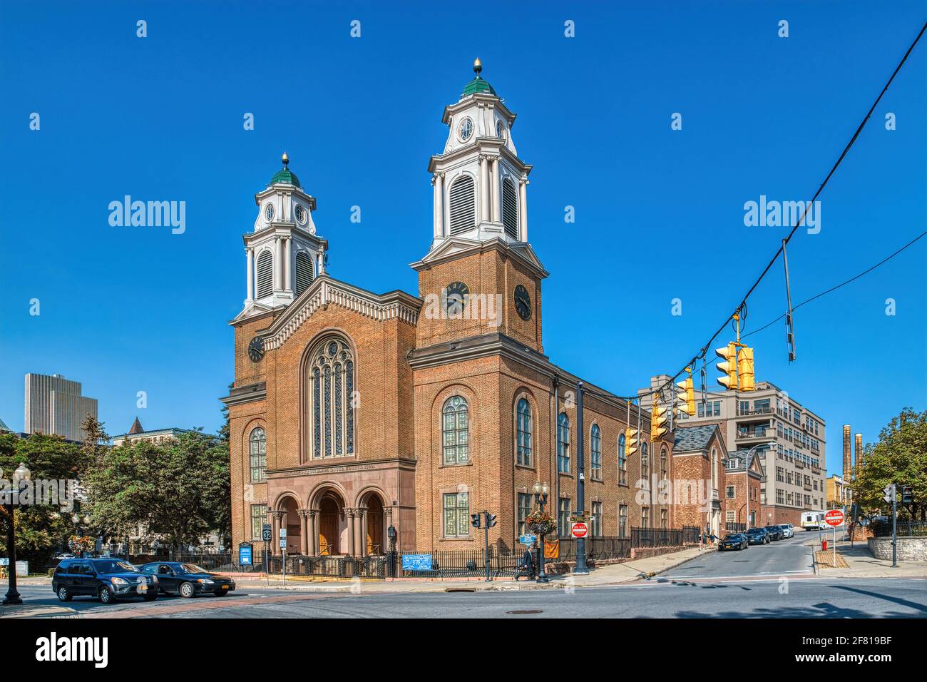First Church in Albany, Dutch Reformed Church of Albany, is a landmark church at 110 North Pearl Street in downtown Albany. Stock Photo