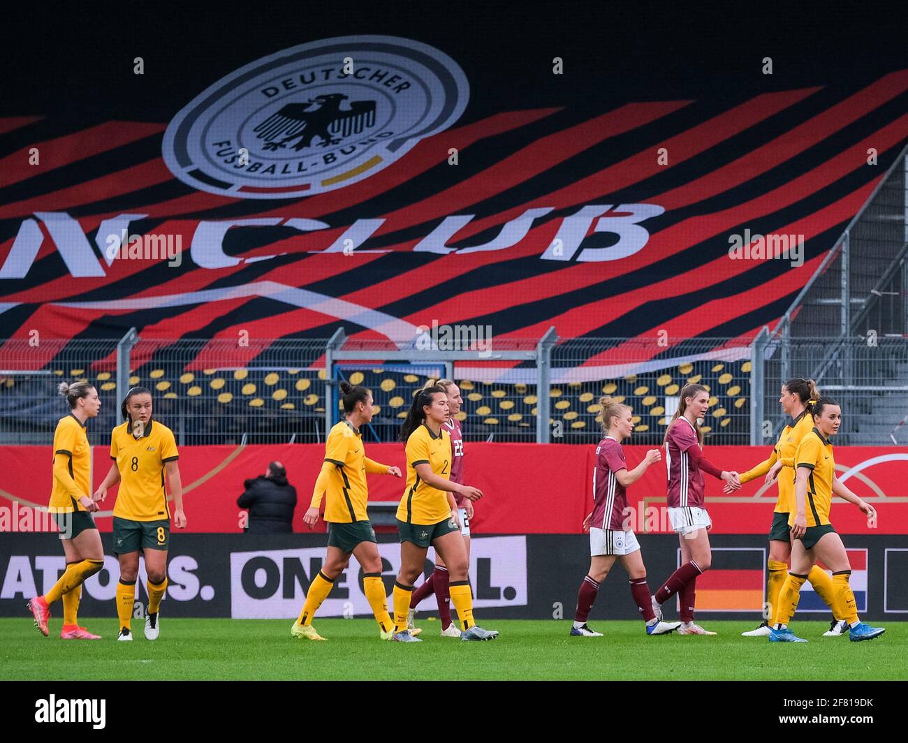 Wiesbaden, Germany . 10th Apr, 2021. Both teams shake hands after the International Friendly match between Germany and Australia at the Brita-Arena in Wiesbaden Germany. Credit: SPP Sport Press Photo. /Alamy Live News Stock Photo