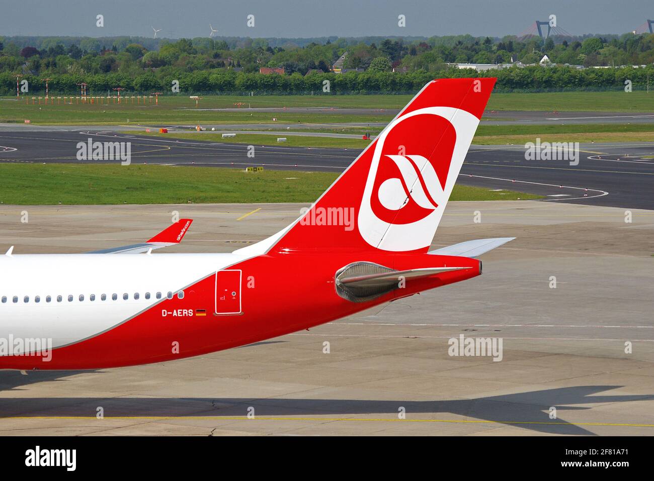 Düsseldorf, Germany - May 03, 2008: Aircraft tail of Airbus A330-300 of Air Berlin at the airport of Düsseldorf Stock Photo