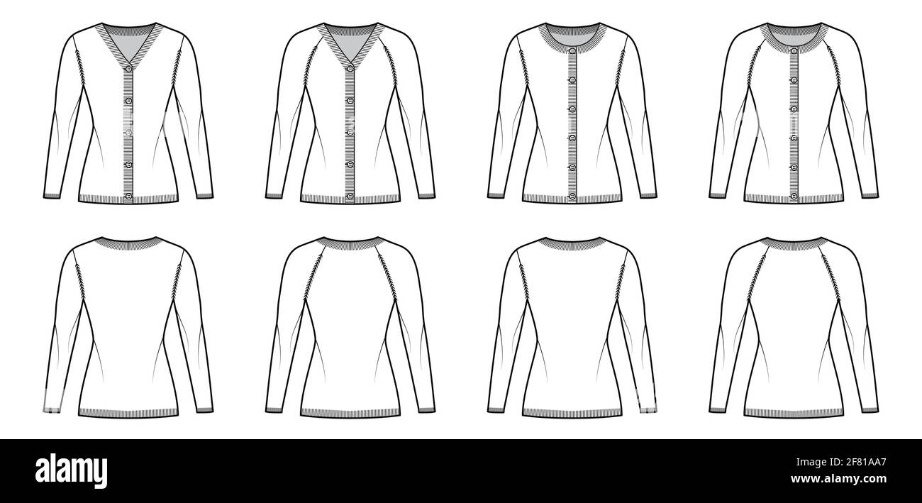 Set of Cardigans Sweater technical fashion illustration with rib crew V ...