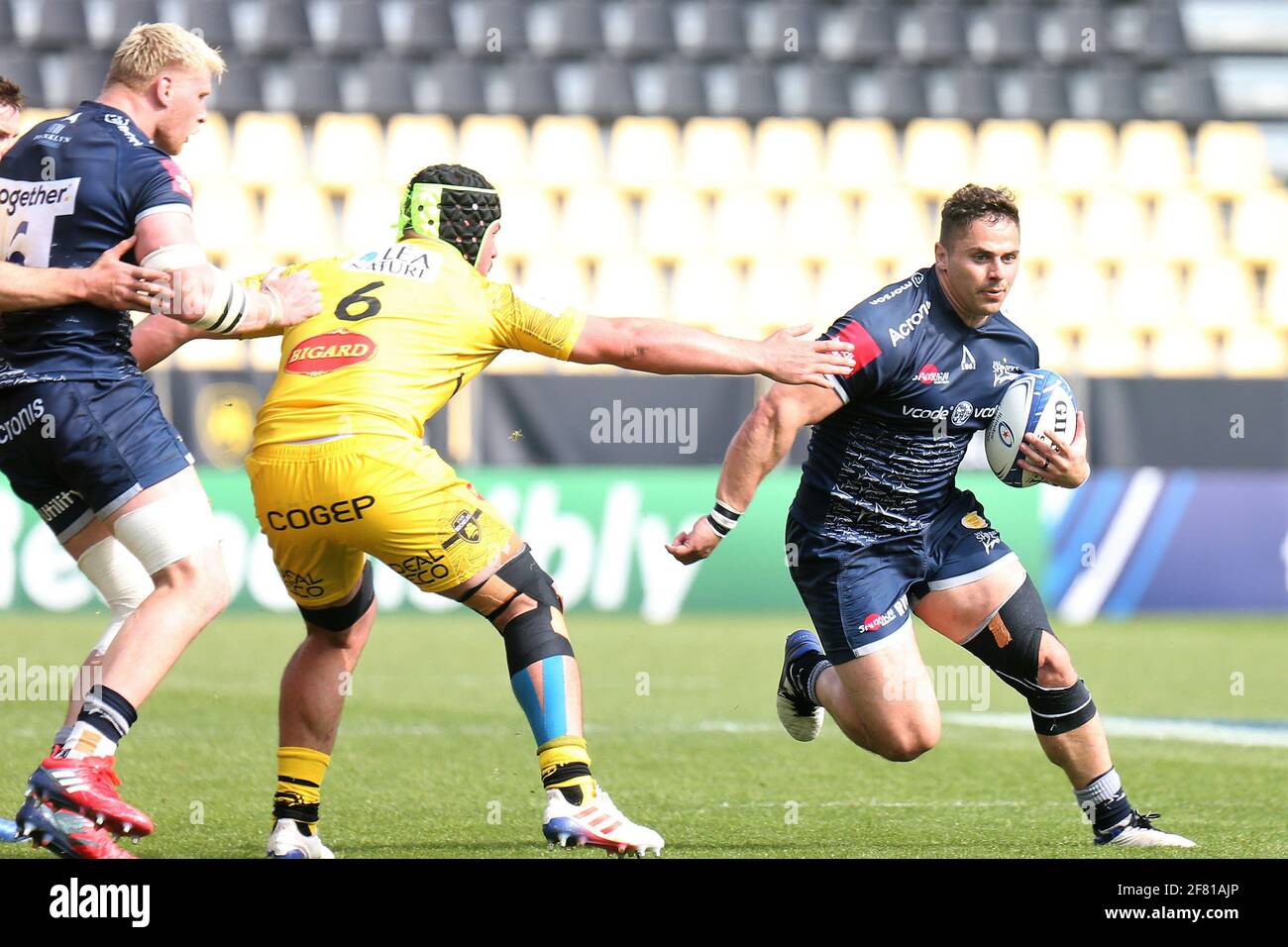 Rohan Janse Van Rensburg Of Sale Sharks And Raymond Rhule Of La Rochelle During The European Rugby Champions Cup Quarter Final Rugby Union Match Between La Rochelle And Sale Sharks On April