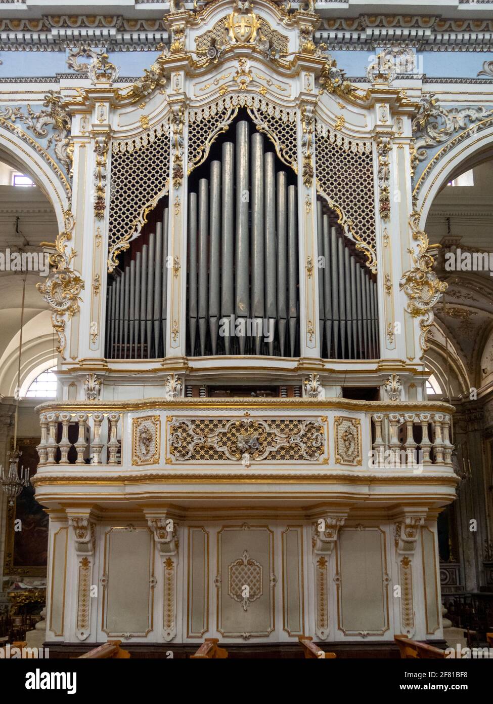 White organ of Duomo di San Giorgio, Modica Stock Photo