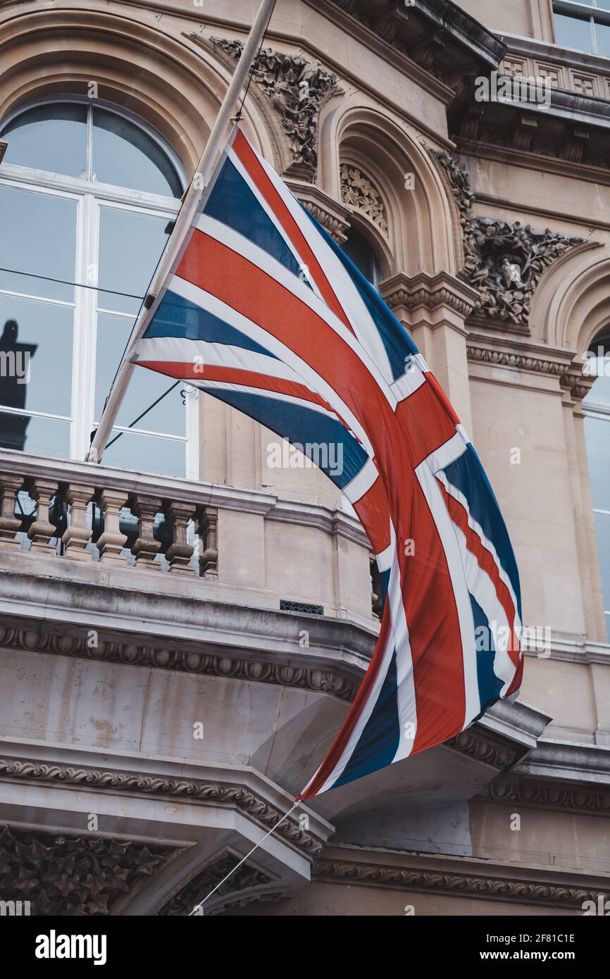 City of Westminster, London UK 2021.04.10 Buckingham Palace Union Flag flying at halfmast