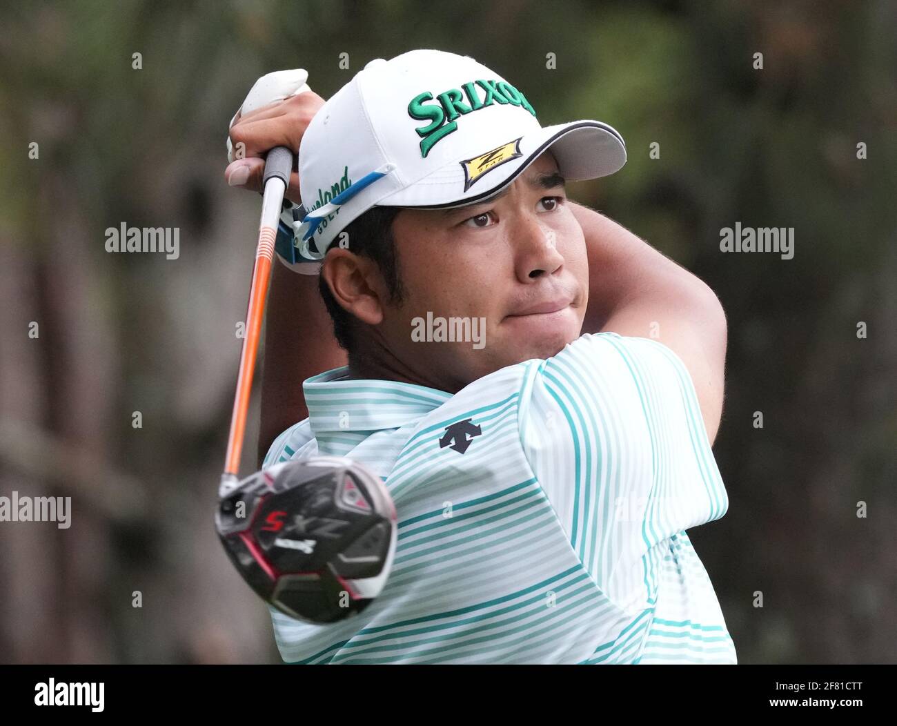 Augusta, United States. 10th Apr, 2021. Hideki Matsuyama of Japan hits a tee shot in the third round of the 2021 Masters Tournament at Augusta National Golf Club in Augusta, Georgia on Saturday, April 10, 2021. Photo by Kevin Dietsch/UPI Credit: UPI/Alamy Live News Stock Photo