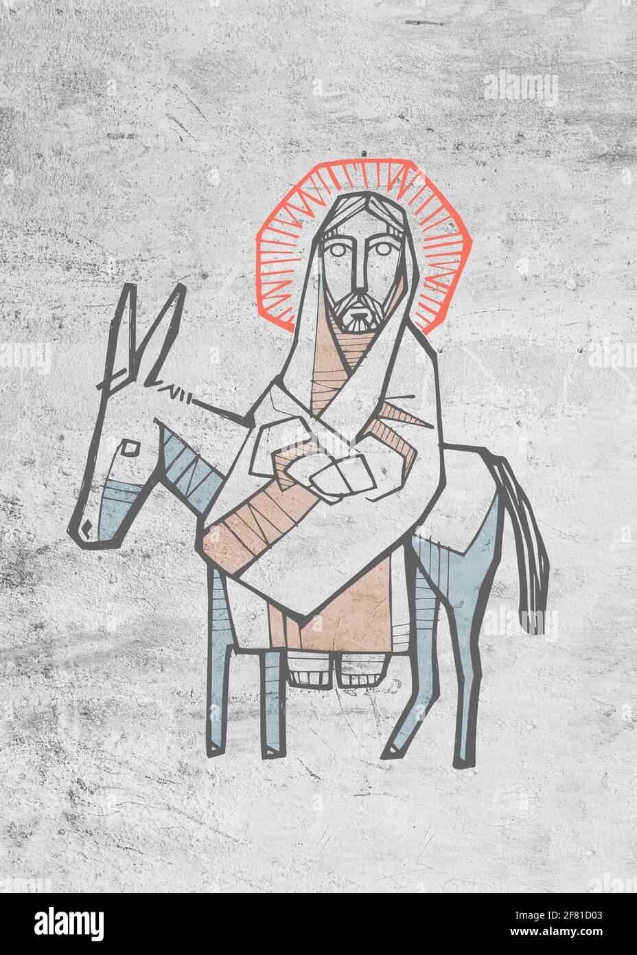Hand drawn illustration or drawing of Jesus Christ on a donkey, entering to Jerusalem Stock Photo