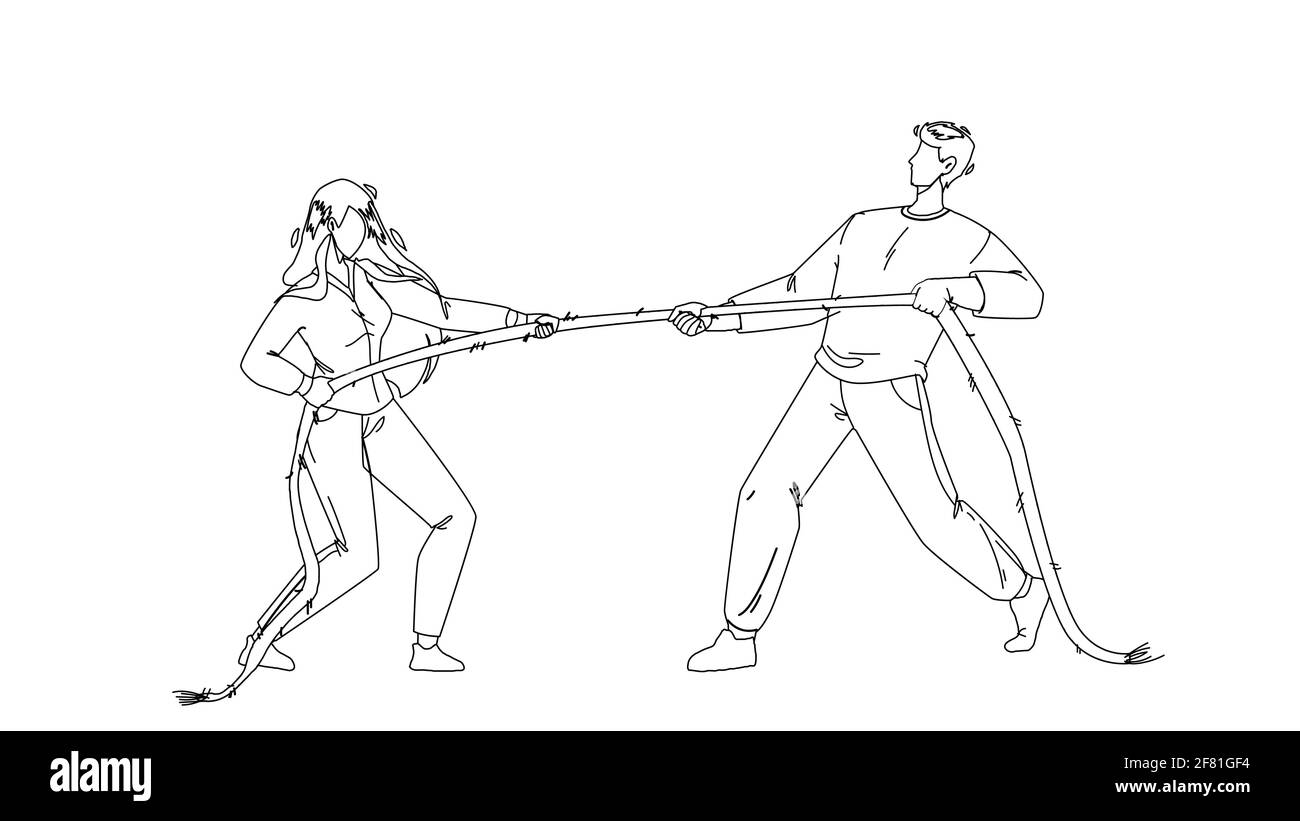 Pulling Rope Young Man And Woman Together Vector Stock Vector