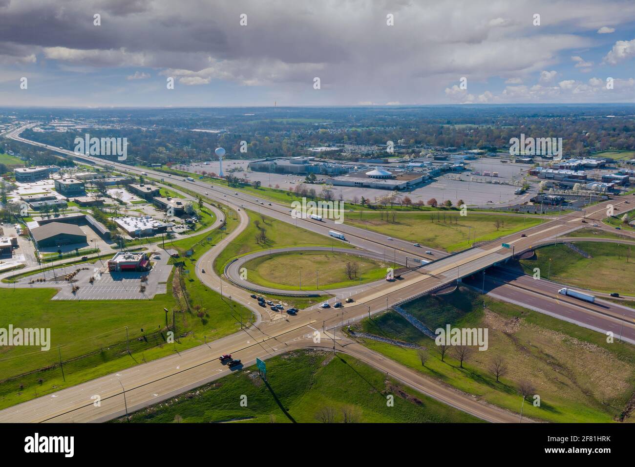 Above transport junction road aerial view with car movement transport industry near Fairview