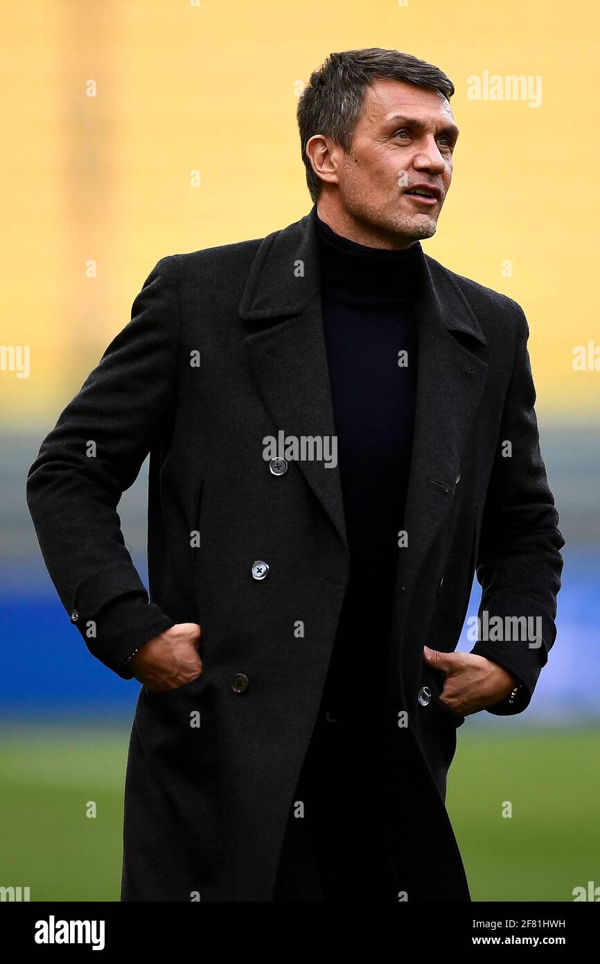 Parma, Italy - 10 April, 2021: Paolo Maldini, technical director of AC  Milan, looks on prior to the Serie A football match between Parma Calcio  and AC Milan. AC Milan won 3-1