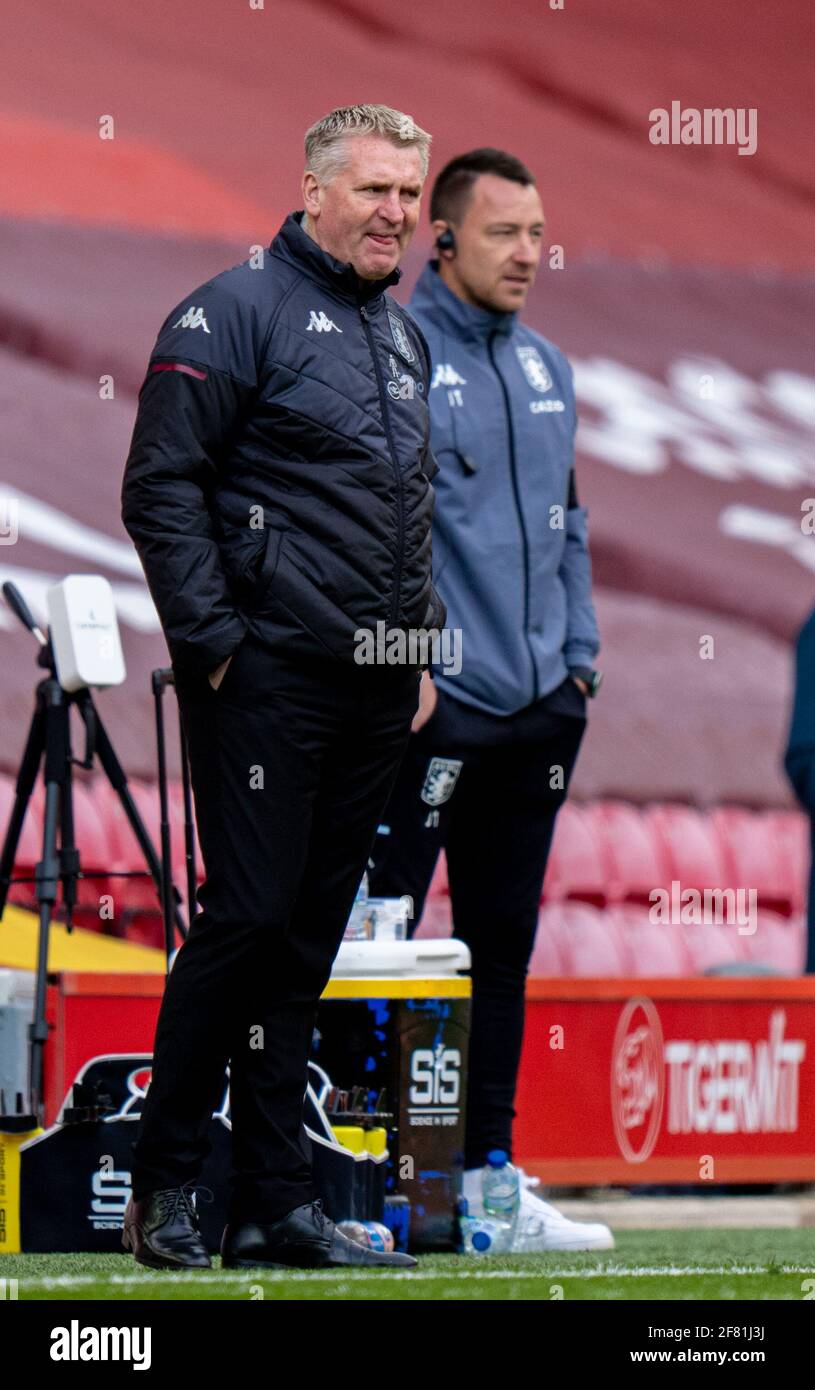 Liverpool. 11th Apr, 2021. Aston Villa's manager Dean Smith (L) and assistant coach John Terry are seen during the Premier League match between Liverpool FC and Aston Villa FC at Anfield in Liverpool, Britain, on April 10, 2021. Credit: Xinhua/Alamy Live News Stock Photo