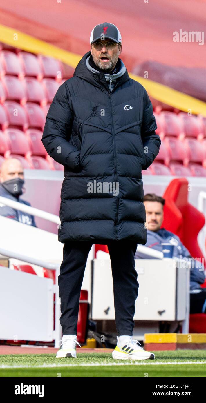Liverpool. 11th Apr, 2021. Liverpool's manager Jurgen Klopp reacts during the Premier League match between Liverpool FC and Aston Villa FC at Anfield in Liverpool, Britain, on April 10, 2021. Credit: Xinhua/Alamy Live News Stock Photo
