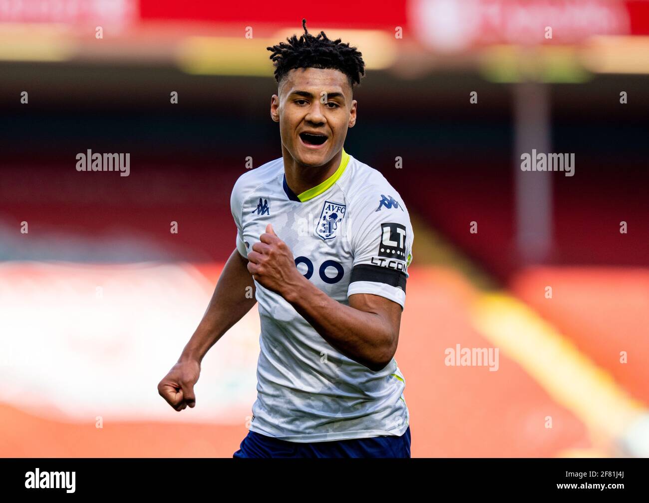 Liverpool. 11th Apr, 2021. Aston Villa's Ollie Watkins celebrates after scoring during the Premier League match between Liverpool FC and Aston Villa FC at Anfield in Liverpool, Britain, on April 10, 2021. Credit: Xinhua/Alamy Live News Stock Photo