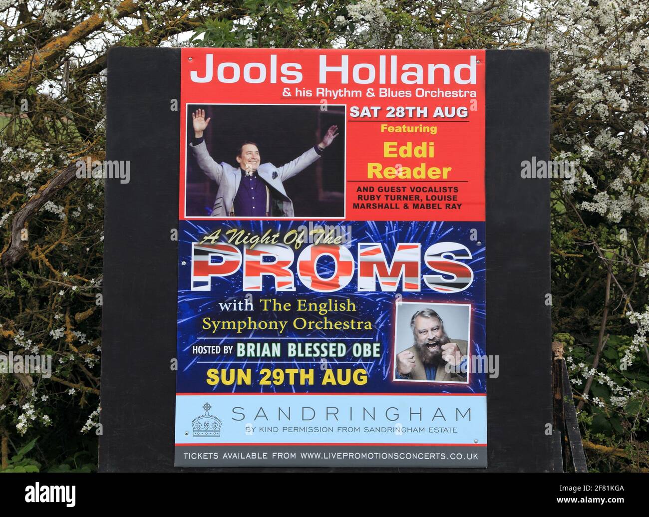 Jools Holland, Proms, roadside, advertising poster, concert, 28 Aug 2021, Sandringham,  Norfolk, England Stock Photo