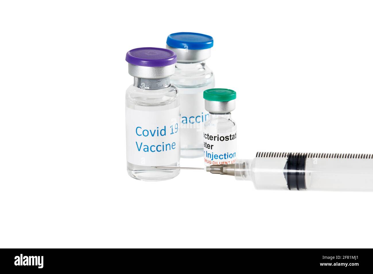 Covid-19 vaccine Bottles with bacteriostatic water for dilution with hypodermic needle isolated on white Stock Photo
