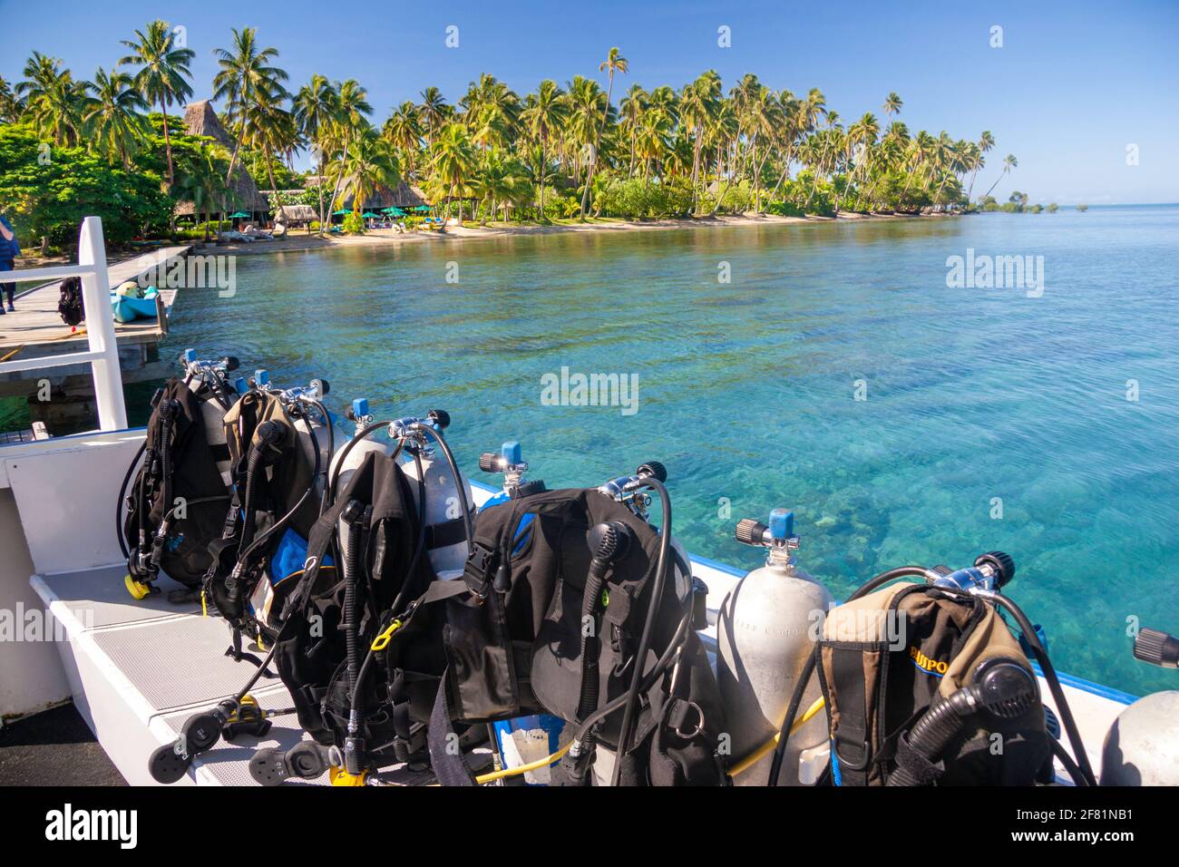 Scuba equipment on a dive boat docked at the Jean-Michel Cousteau Fiji Islands Resort on Vanua Levu, Fiji. Stock Photo