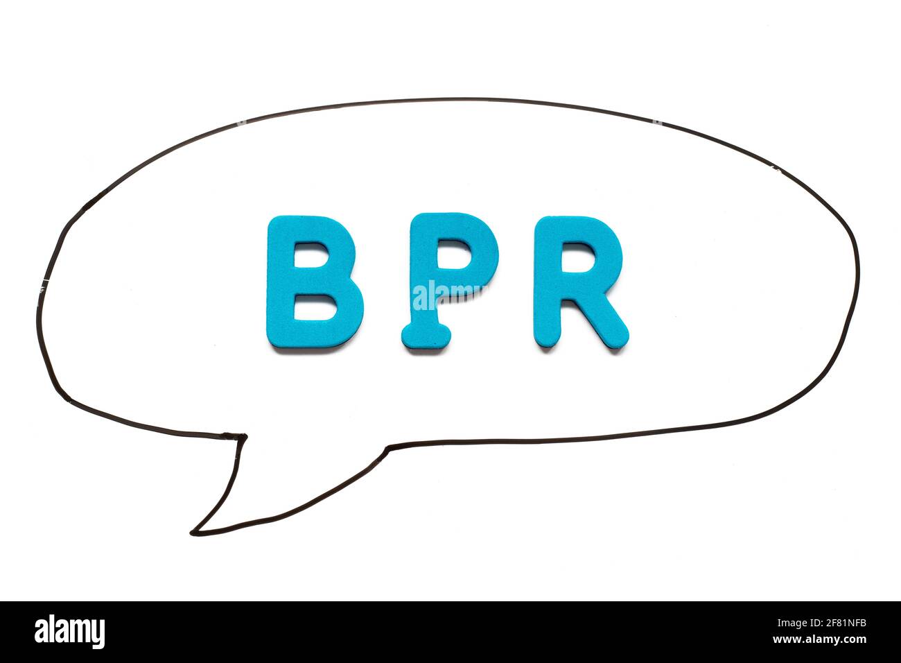 Alphabet letter with word BPR (Abbreviation of Business Process Reengineering or Batch processing record) in black line hand drawing as bubble speech Stock Photo