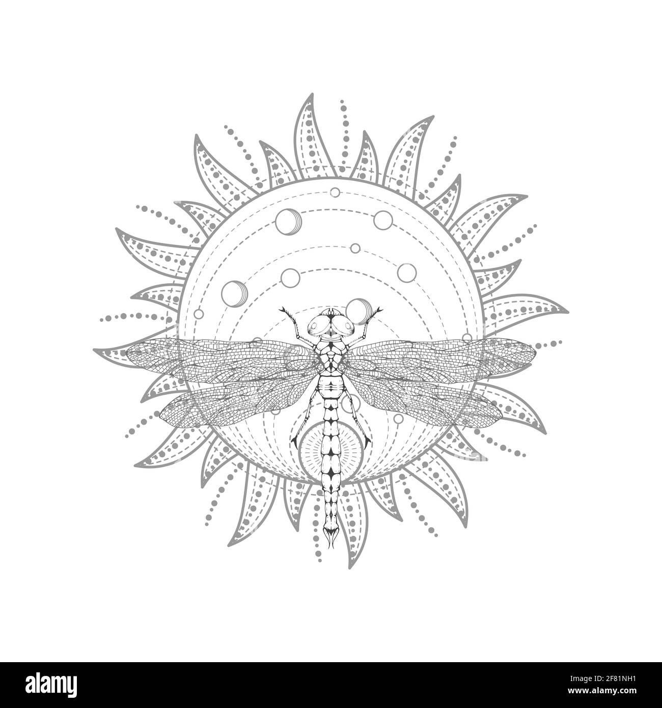 Vector illustration with hand drawn dragonfly and Sacred symbol on white background. Abstract mystic sign. Black linear shape. For you design, tattoo Stock Vector