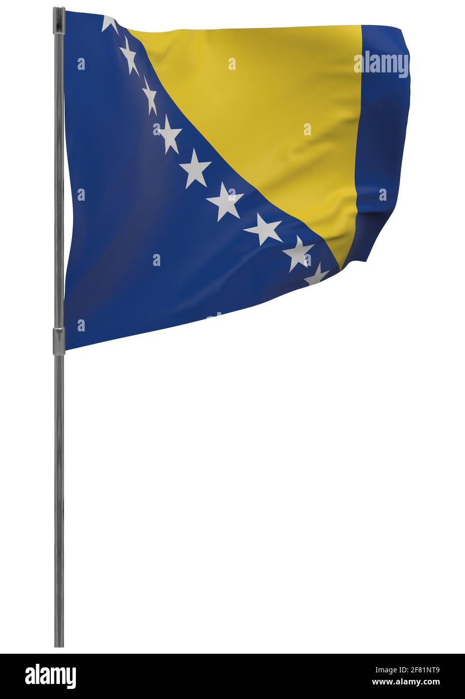 Bosnia and Herzegovina flag on pole. Waving banner isolated. National ...