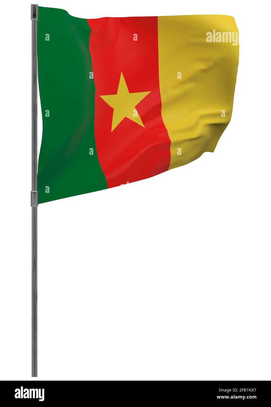 Cameroon flag on pole. Waving banner isolated. National flag of