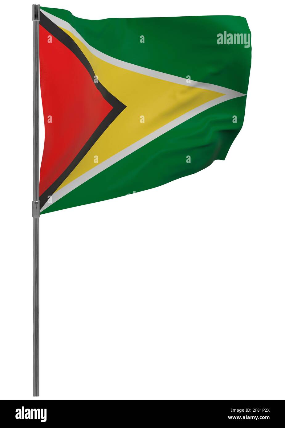 Guyana flag on pole. Waving banner isolated. National flag of Guyana