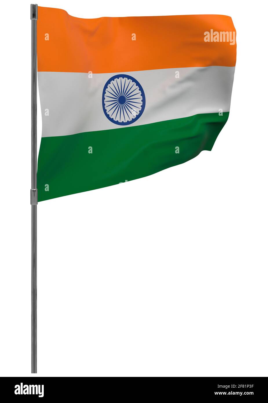 India flag on pole. Waving banner isolated. National flag of India Stock Photo