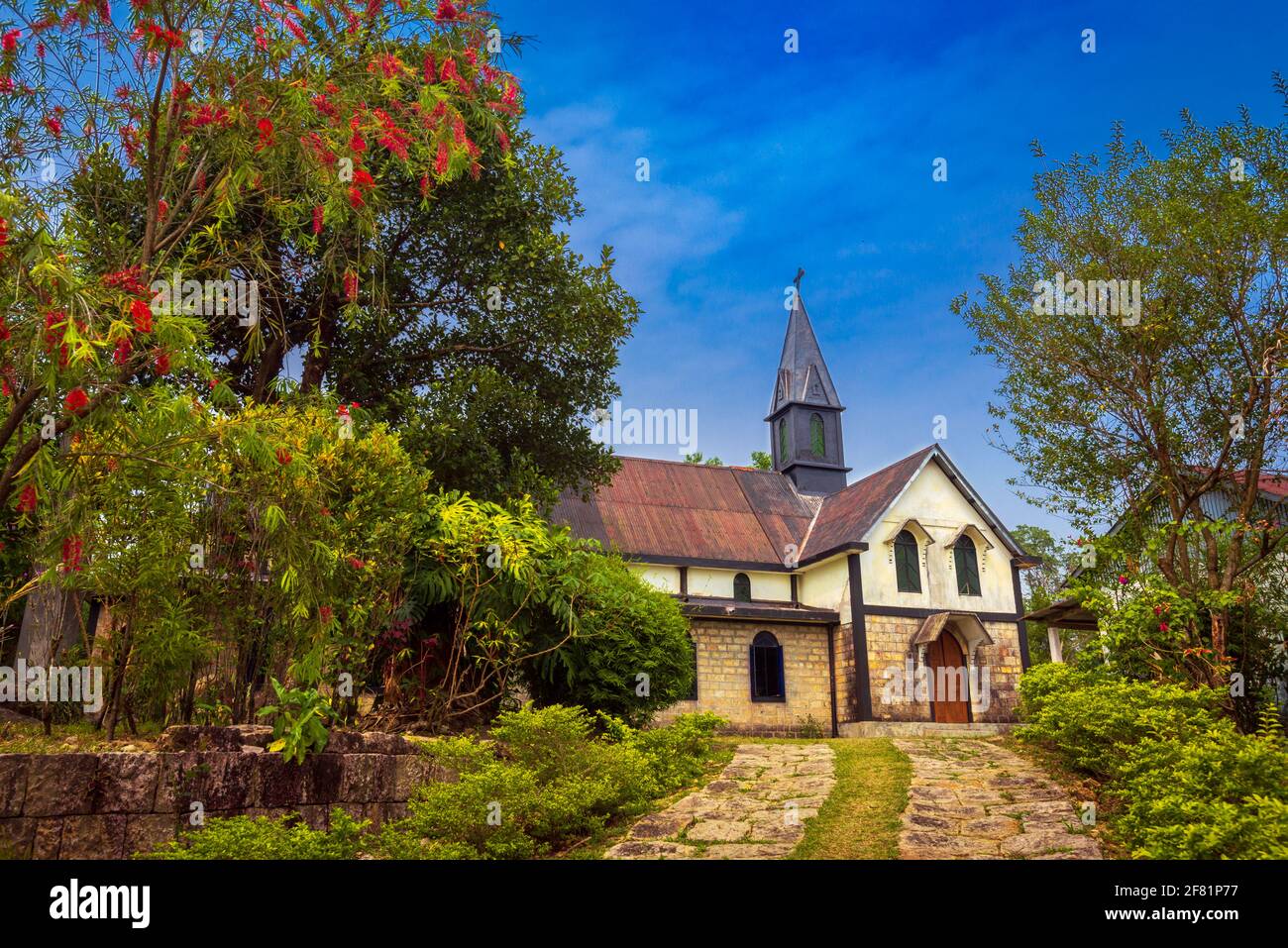 Church of Epiphany. Mawlynnong village, Meghalaya, North East India. It was declared the cleanest village in India. Stock Photo