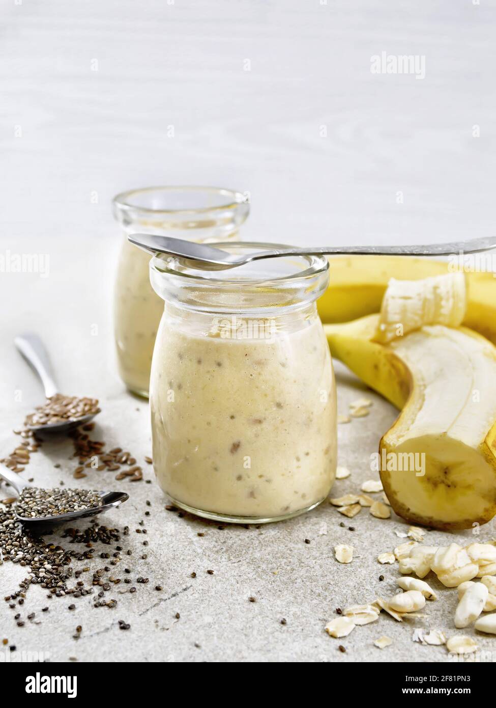 Milkshake with chia seeds, flax seeds, oatmeal, puffed rice and banana