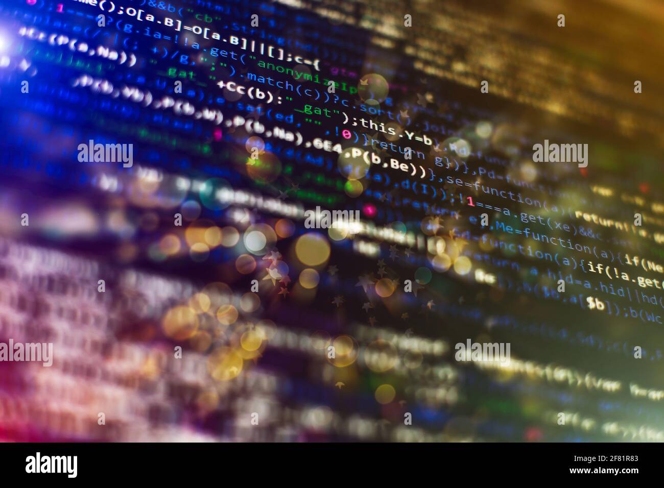 Computer script. Web develop company web interface icon for software design concept. PHP code abstract technology background. Stock Photo