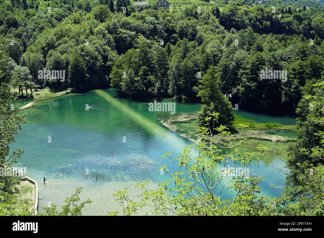 An aerial view of a lake sorounded by green forest Stock Photo - Alamy