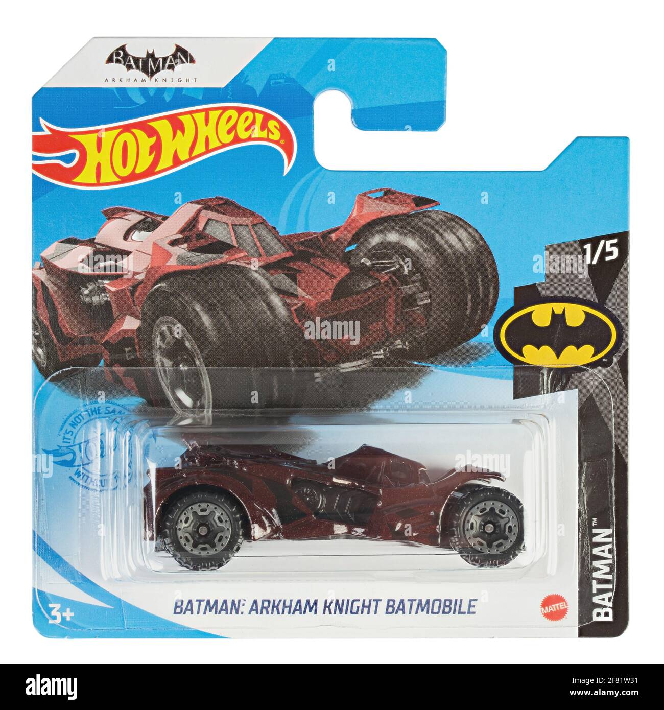 Ukraine, Kyiv - April 05. 2021: Hot wheels toy car  Batman: Arkham knight batmobile close up picture. Wheels is a scale die-cast toy cars by American Stock Photo