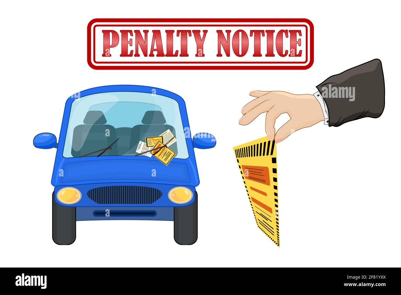 Parking violation ticket fine placed on the car windshield, under wiper.Penalty charge notice, illegal parking.Warden hand with penalty notice. Vector Stock Vector