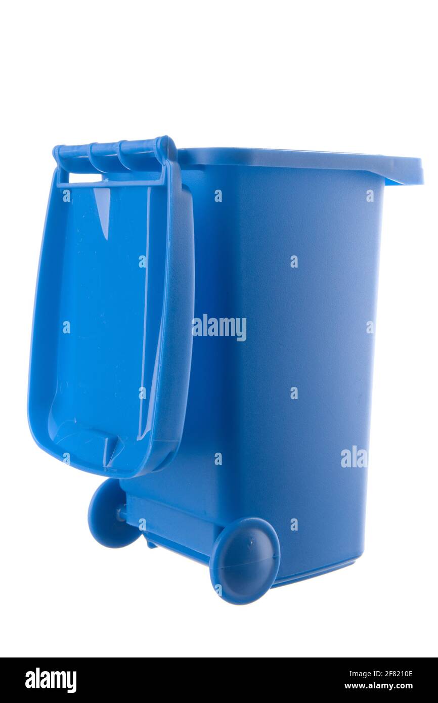 Plastic blue trash can isolated on white background Stock Photo Alamy