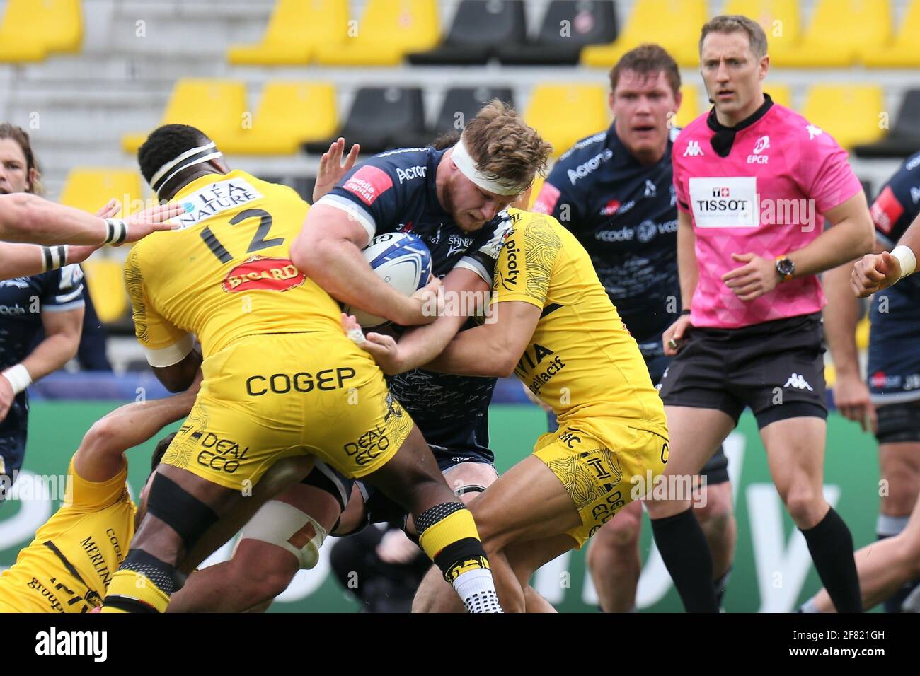 Daniel du Preez of Sale Sharks and Levani Botia, Dillyn Leyds of La Rochelle during the European Rugby Champions Cup, quarter final rugby union match between La Rochelle and Sale Sharks on