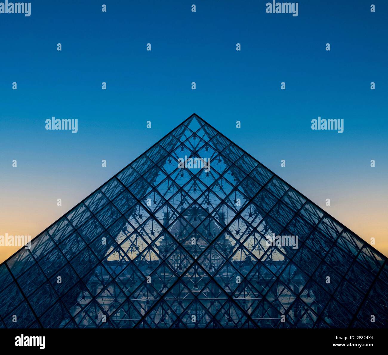 Louvre Glass Pyramid at Sunset, Musee du Louvre, Paris, France, Europe. Pyramid Detail Stock Photo