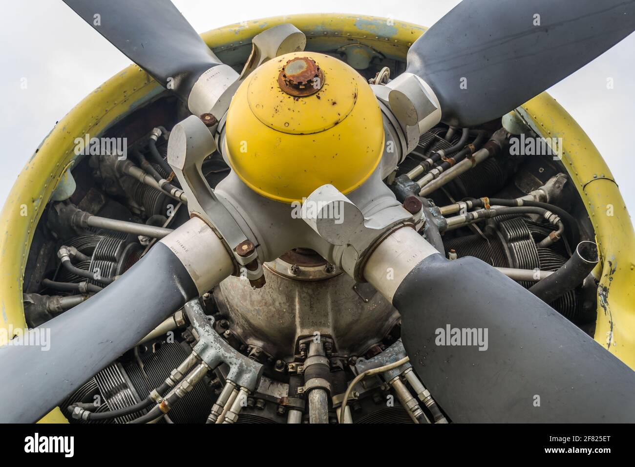 Novi Sad, Serbia - March 05. 2021:  Propeller of a parked aircraft - Antonov (PZL-Mielec) An-2R, off the runway at the Aero Club Novi Sad, Serbia. Stock Photo