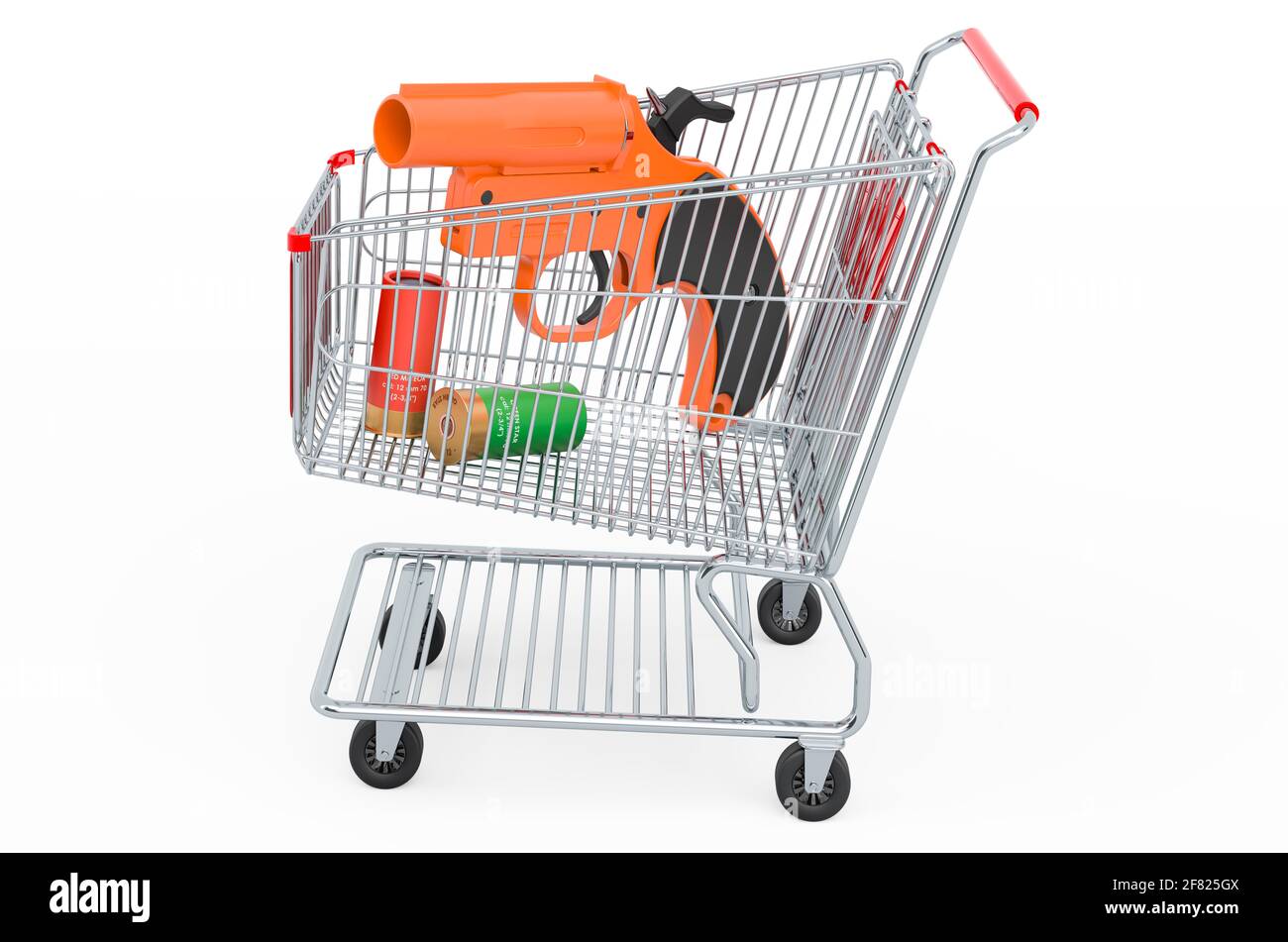 Shopping cart with signal pistol. 3D rendering isolated on white background Stock Photo