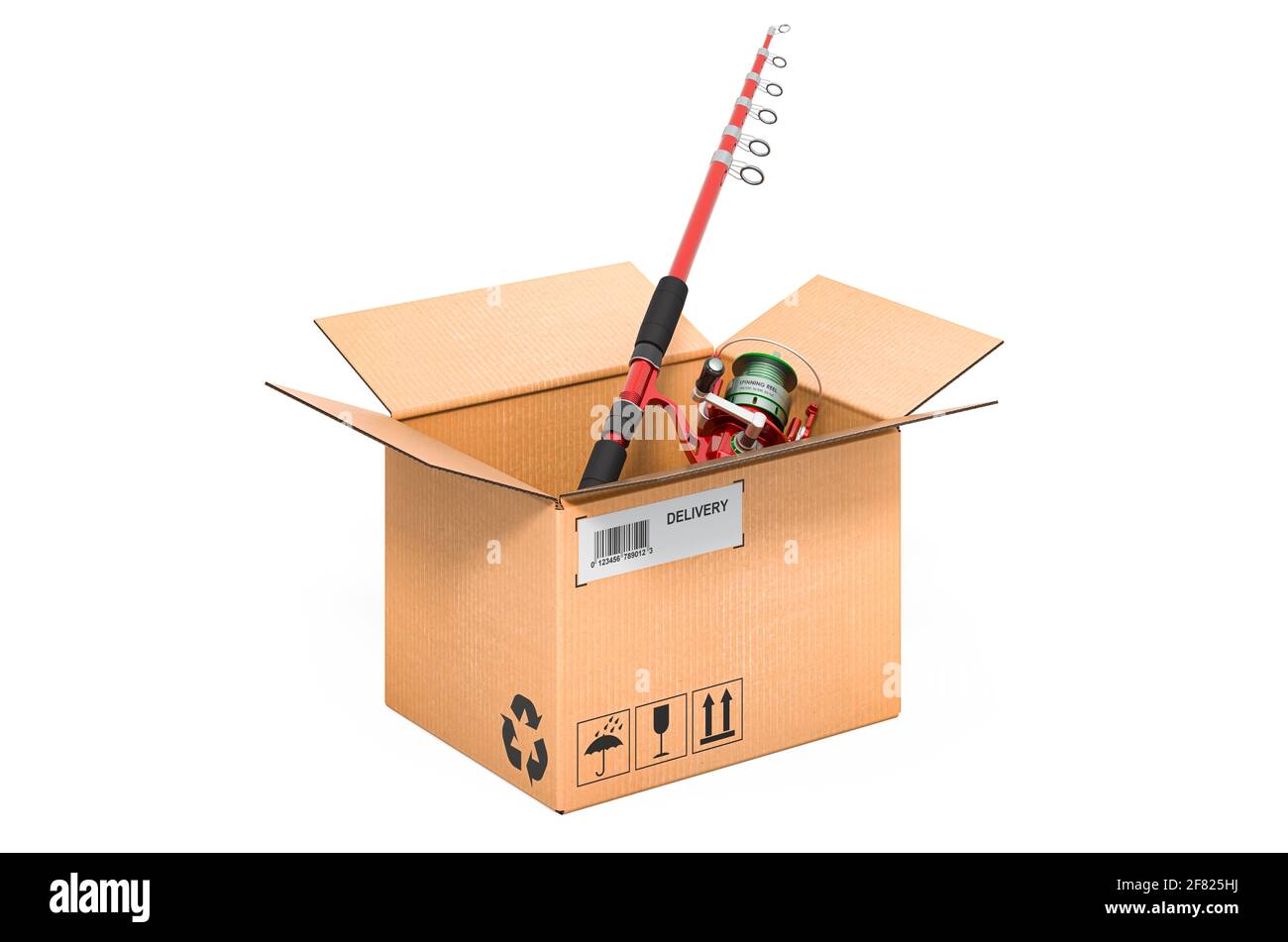 Fishing rod inside cardboard box, delivery concept. 3D rendering