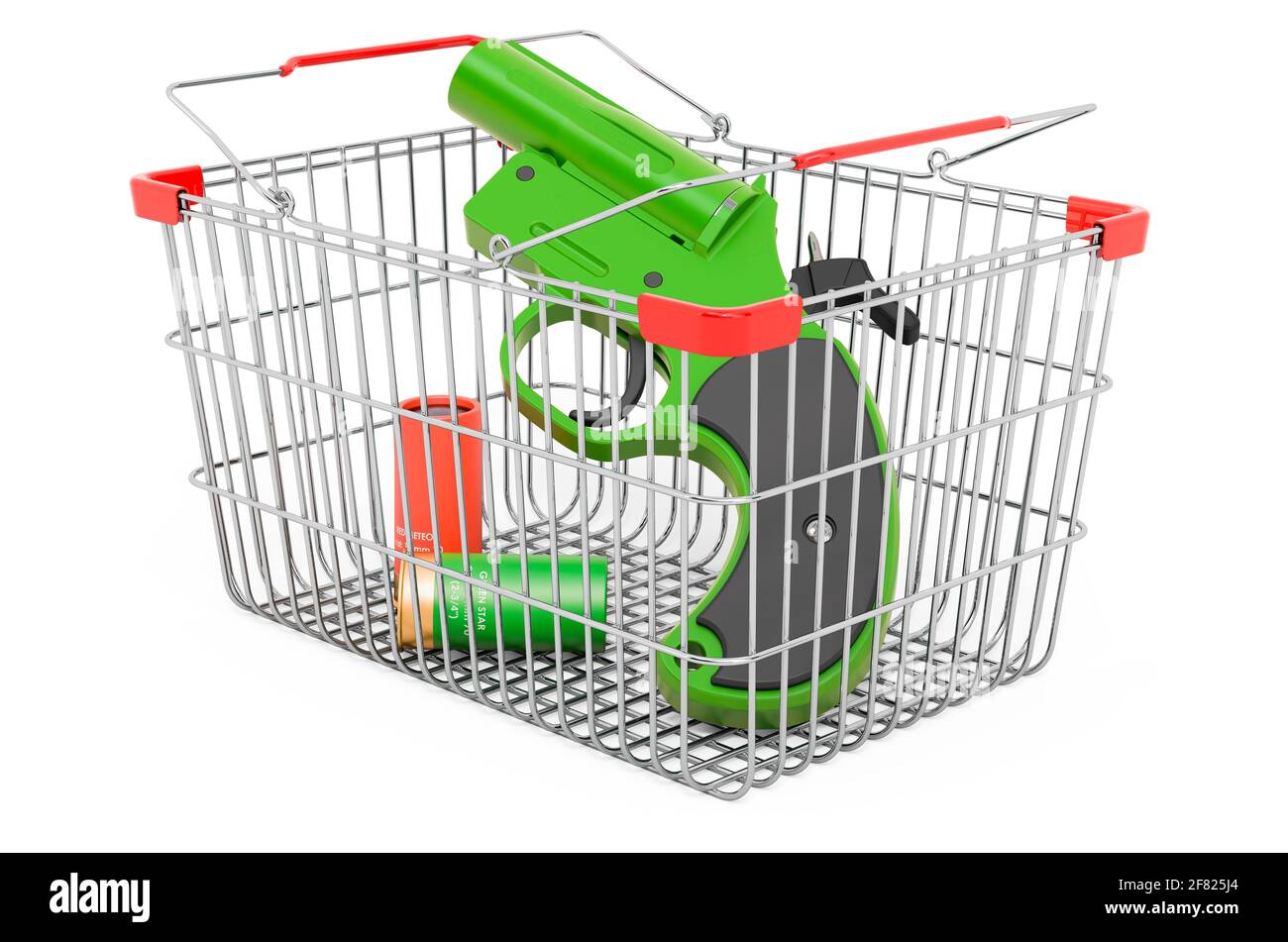 Shopping basket with signal pistol. 3D rendering isolated on white background Stock Photo