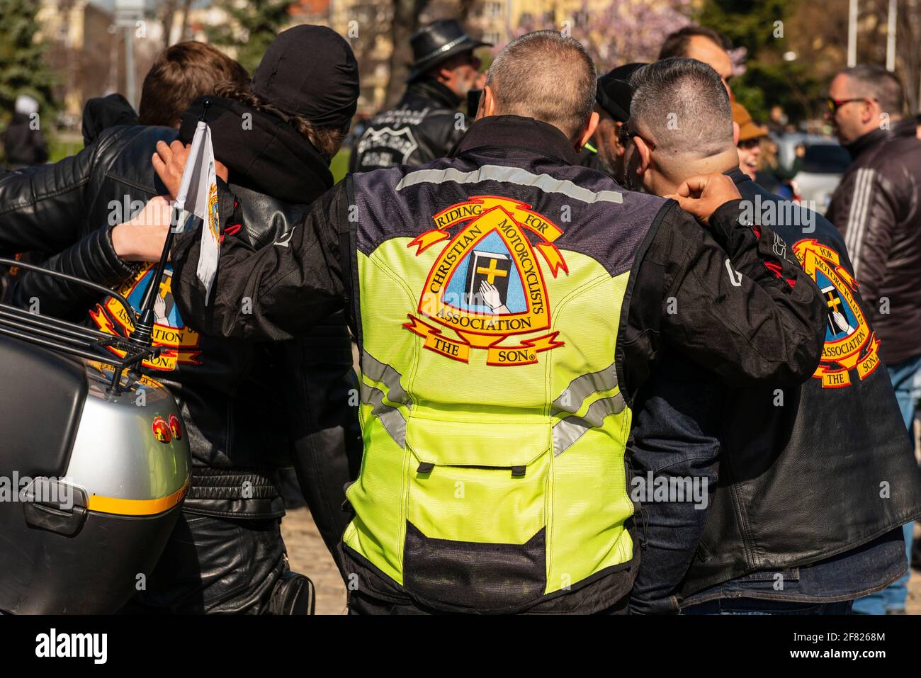Bikers wearing leather jackets with Christian Motorcyclists Association emblem at the annual motorcycle bike fest gathering in Sofia, Bulgaria, Europe Stock Photo