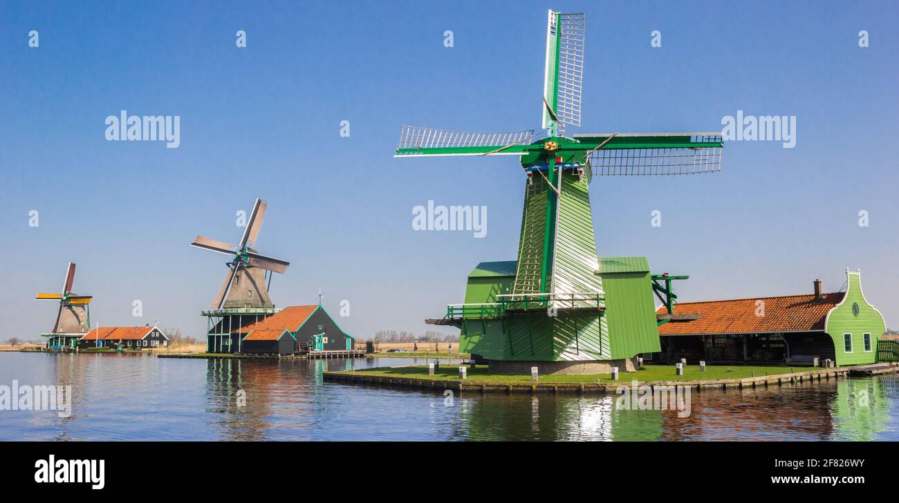 Panorama of historic widmills in Zaanse Schans, Netherlands Stock Photo