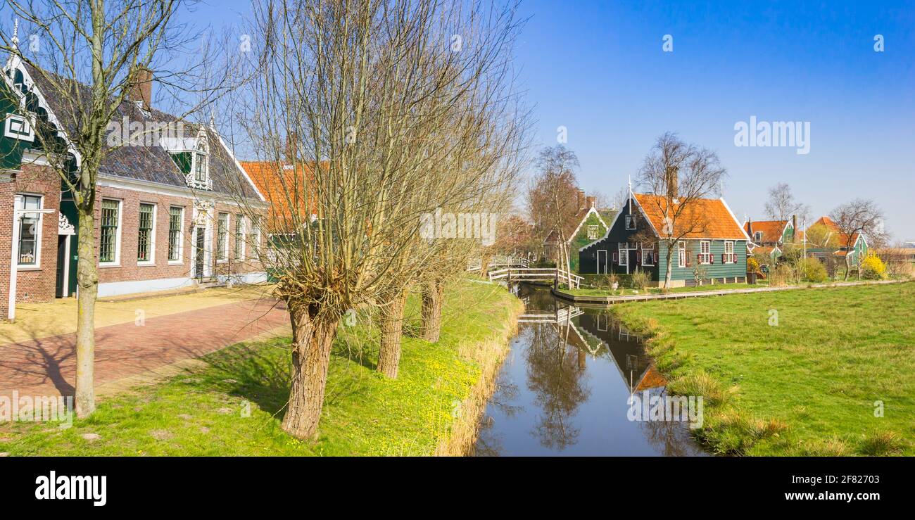 Panorama of trees at the canal of Zaanse Schans, Netherlands Stock Photo