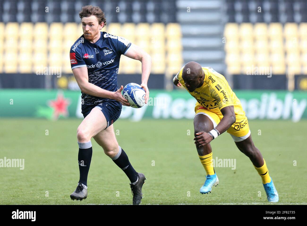 Simon Hammersley Of Sale Sharks And Raymond Rhule Of La Rochelle During The European Rugby Champions Cup Quarter Final Rugby Union Match Between La Rochelle And Sale Sharks On April 10 21