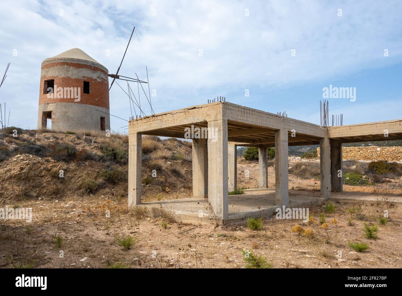 Greek holiday building under construction in Antiparos Island. Cyclades, Greece Stock Photo