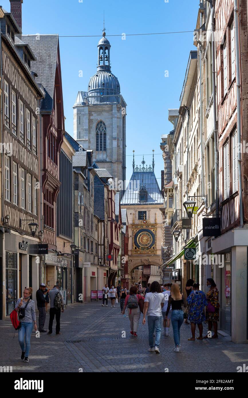 Rouen, France - August 07 2020: Le Gros-Horloge is a storied 14th-century astronomical clock set on a Renaissance arch with detailed carvings. Stock Photo
