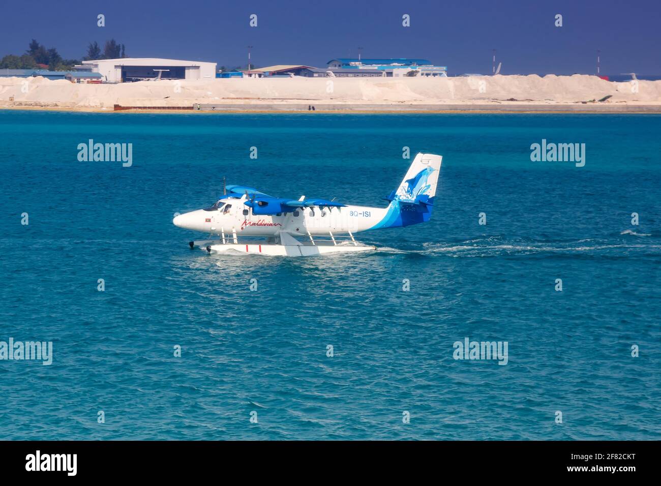 Male, Maldives – February 20, 2018: Maldivian De Havilland Canada DHC-6-300 Twin Otter seaplane at Male airport (MLE) in the Maldives. Stock Photo